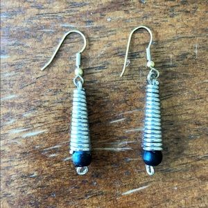 Coiled Silver Tone Drop Earrings with Black Bead at Bottom